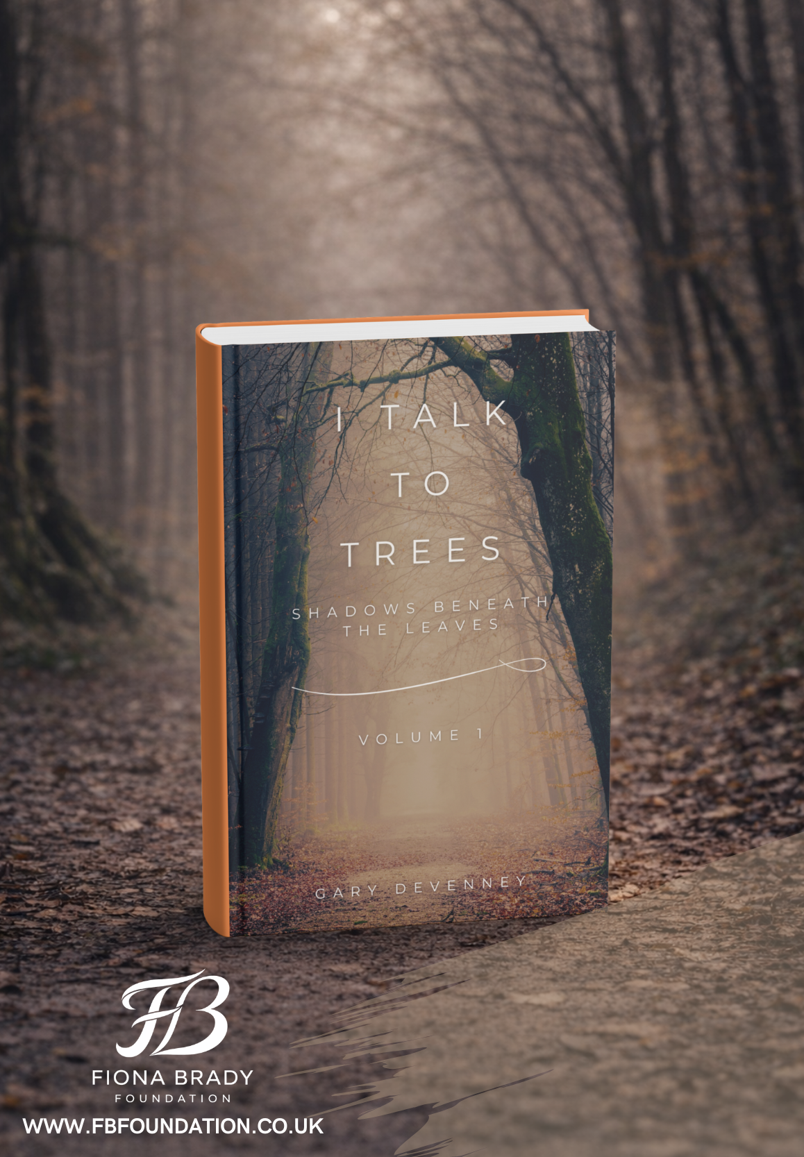 I talk to trees Book cover featuring a glowing tree along a misty forest pathway.